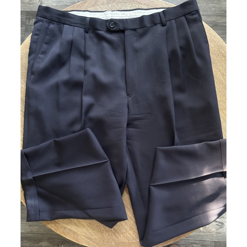Pronto Uomo Men's 100% Wool  Dress Pants Navy Button Zip Hook & Loop S 40